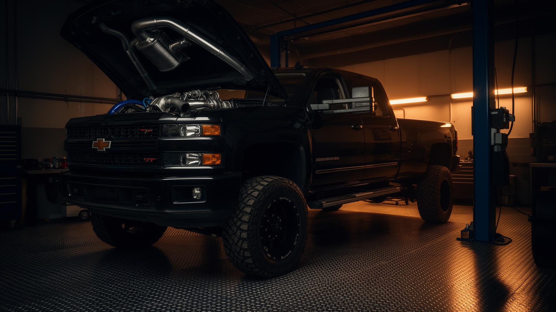 Duramax truck on the lift inside Longview Diesel's shop